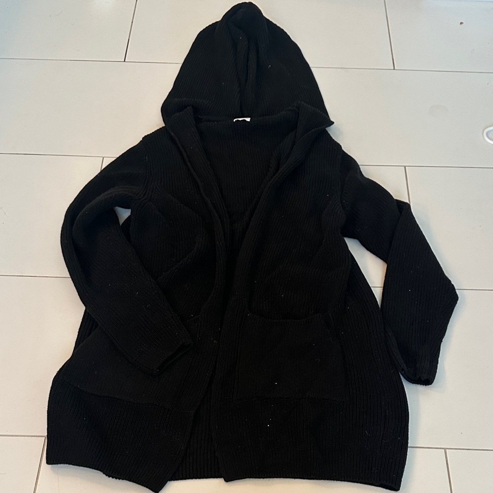 Zara Black Ribbed Knit Sweater hooded women’s M cotton